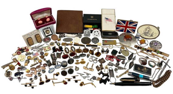 Men's Jewelry & Collectibles, Including Sterling Silver: Men's Jewelry & Collectibles, Including Sterling Silver. Sterling pieces 98.7g. Includes unopened pack of "Presidential Cigarettes," sterling silver amethyst kilt pin, sterling corn cob holders, cuffl