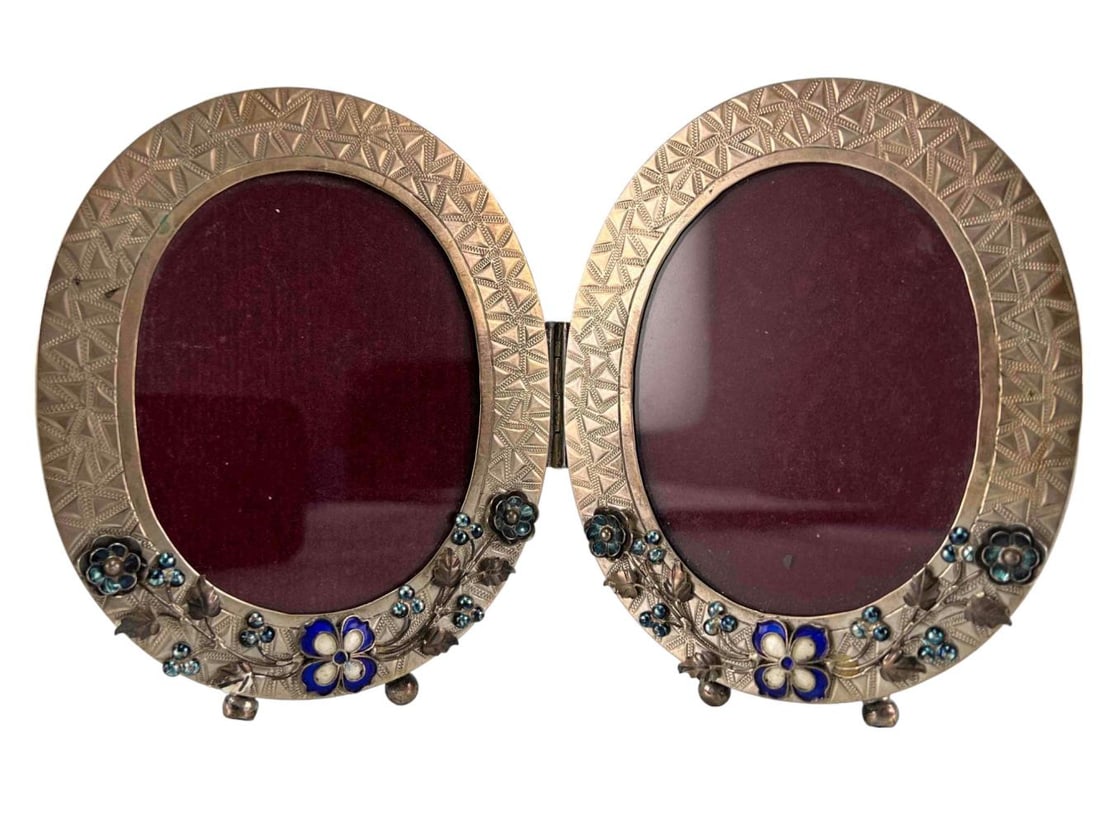 Enameled German Silver Double Picture Frame With Floral Motif (1 of 9)