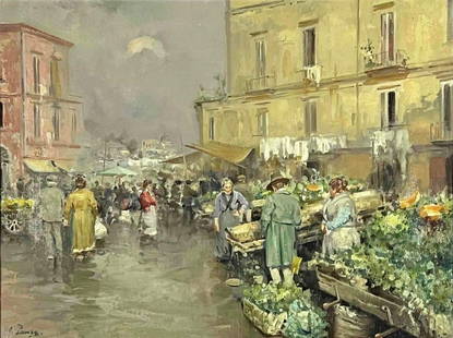 Giovanni Panza (Italian, 1894-1989), City Market Scene, Oil On Canvas: Giovanni Panza (Italian, 1894-1989), City Market Scene, Oil On Canvas. Signed lower left. As framed approximately 29.0W x 23.0H x 2.375D in. Sight approximately 23.5W x 17.5H in.