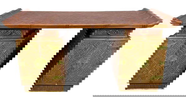 Mid Century Chinese Export Partners Desk: Mid Century Chinese Export Partners Desk, Applied Bamboo over Hardwood. Approximately 57.125W x 35.25D x 31.0H in.