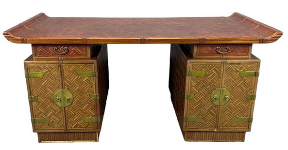 Mid Century Chinese Export Partners Desk: Mid Century Chinese Export Partners Desk, Applied Bamboo over Hardwood. Approximately 57.125W x 35.25D x 31.0H in.