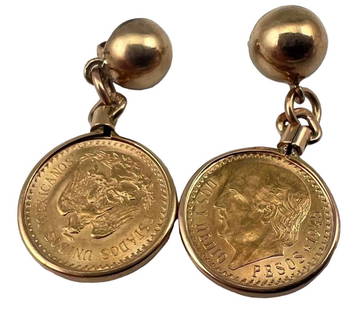 Pair 1945 Mexican Gold Coin Earrings: Pair 1945 Mexican Gold Coin Earrings, Set In 14K, 7.7g. Coins test as 22K. Earring posts and Back marked 14K. Coins marked "Estados Unidos Mexicanos, Dos Y Medio Pesos 1945." Approximately 1.375L x 0.