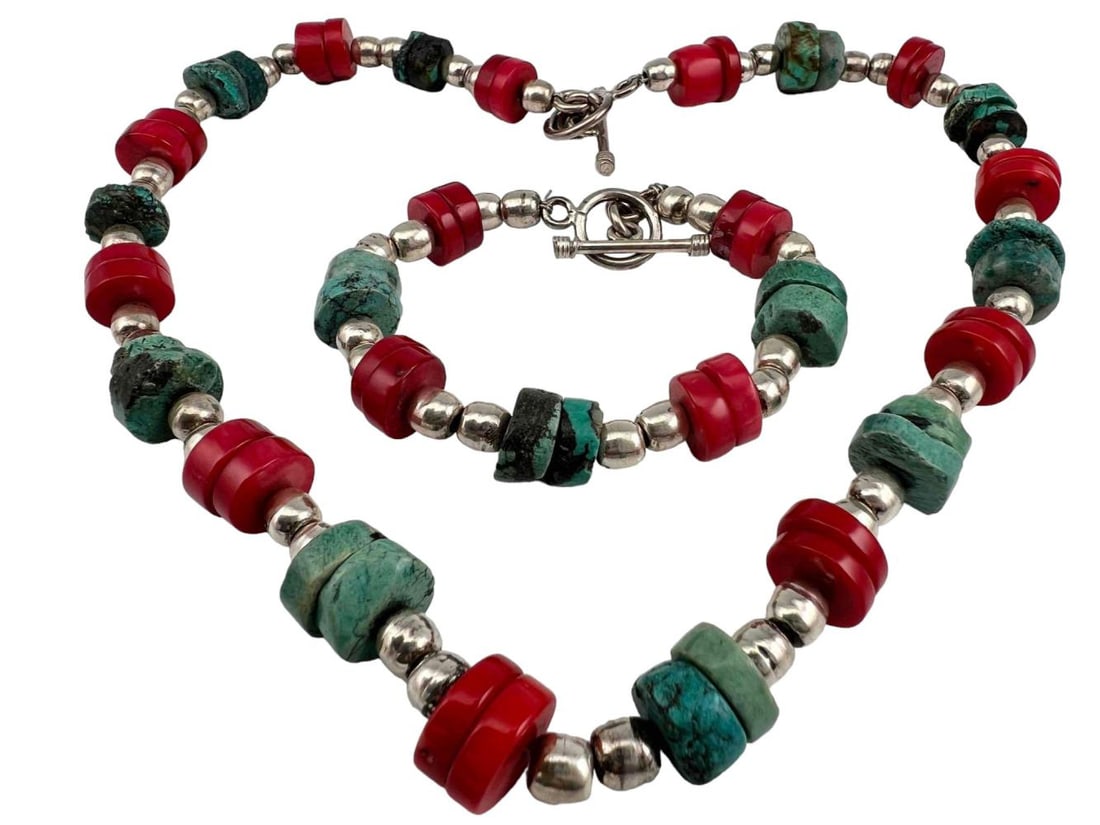 Sterling Silver Turquoise Coral Necklace & Bracelet Set: Sterling Silver Turquoise Coral Necklace & Bracelet Set, 97.1g. Marked 925. Necklace 18.0L x 0.5W in. Bracelet 7.5L x 0.5W in. All measurements are approximate.