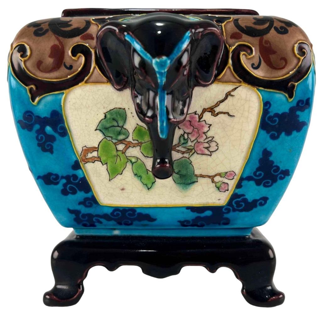 Bordeaux Vieillard French Pottery Urn With Elephant Detail: Bordeaux Vieillard French Pottery Urn With Elephant Details. Marked "Bordeaux D.1052 867." Approximately 5.75H x 7.75W x 6.0D in.