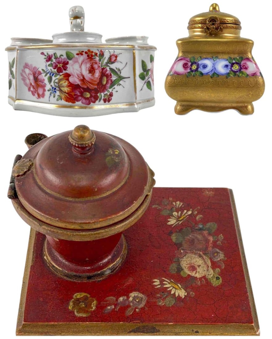 Three Antique Porcelain & Toleware Inkwells (1 of 20)