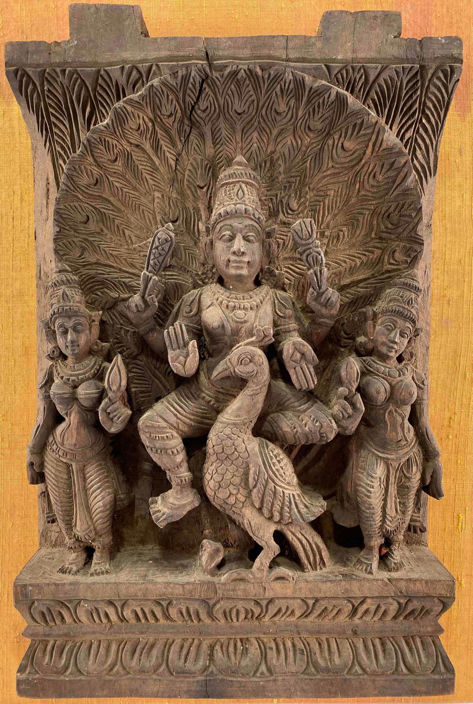 Indian Carved Wood Panel Depicting Hindu God & Peacock (1 of 12)