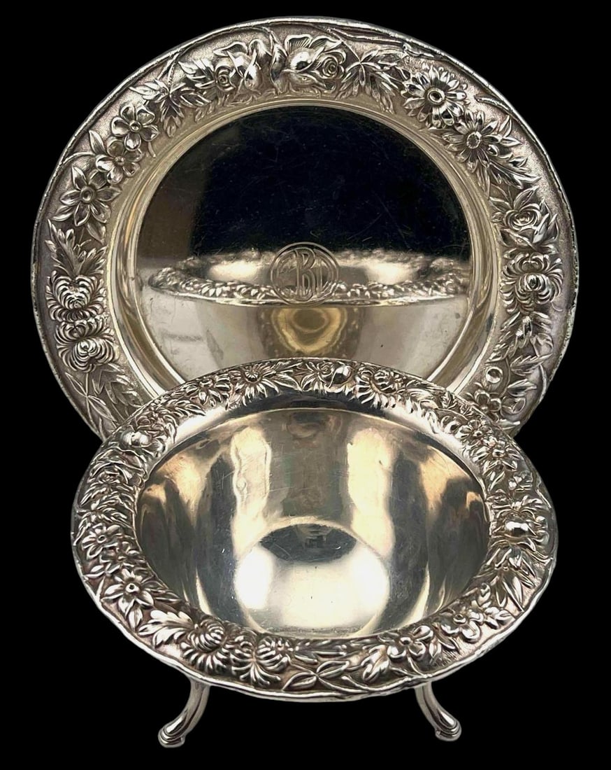 Kirk & Son Sterling Silver Footed Bowl & Plate: Kirk & Son Sterling Silver Footed Bowl & Plate, 303.4g. Marked "S. Kirk & Son Inc. Sterling." Plate 6.25W x 1.0H in. Bowl 2.875H x 5.0W measurements are approximate. ALL CREDIT CARDS WILL BE MANUALLY 