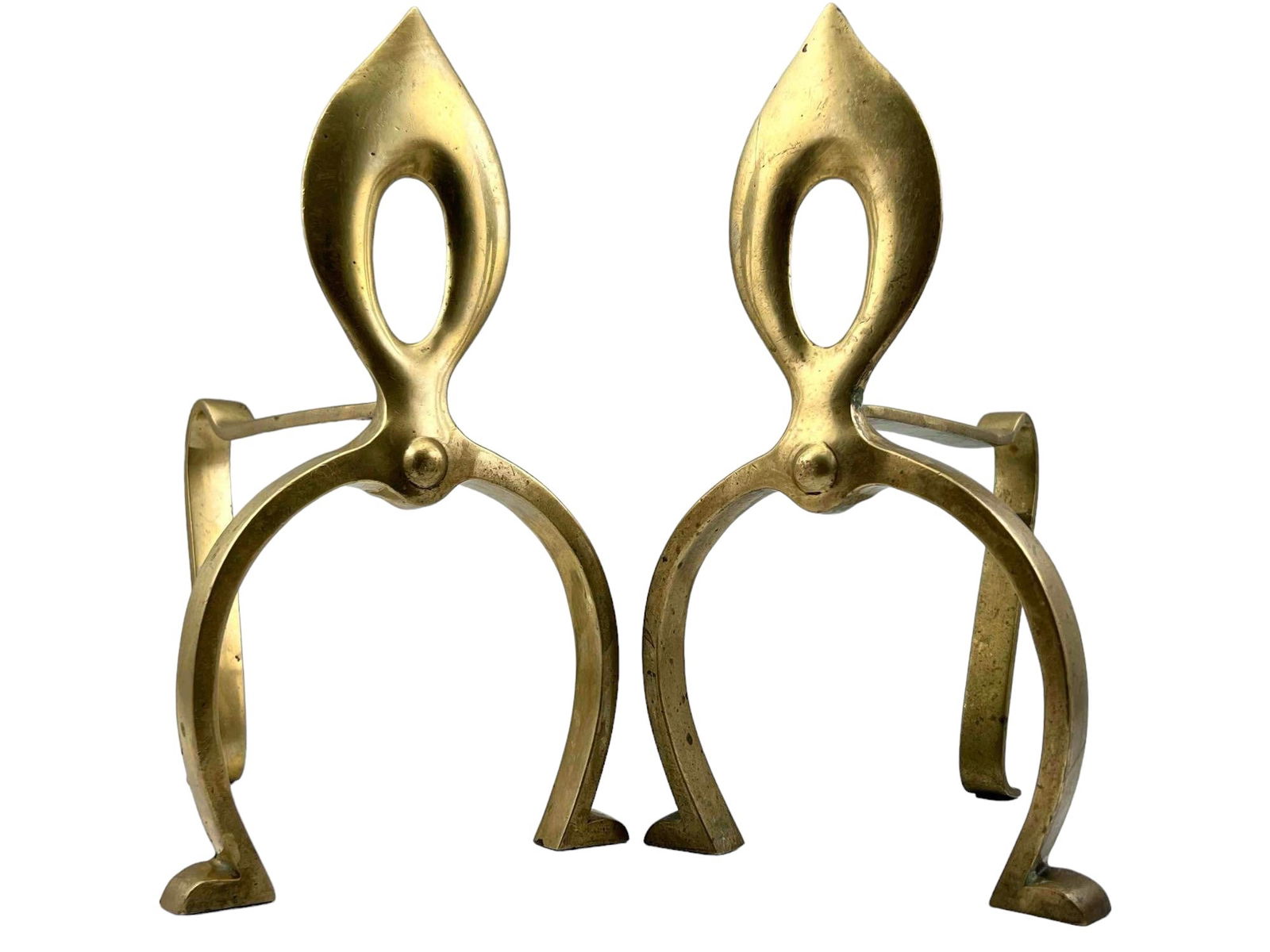 Pair Of Art Nouveau Brass Andirons: Pair Of Art Nouveau Brass Andirons. Each approximately 10.375H x 7.625L x 6.0W in.