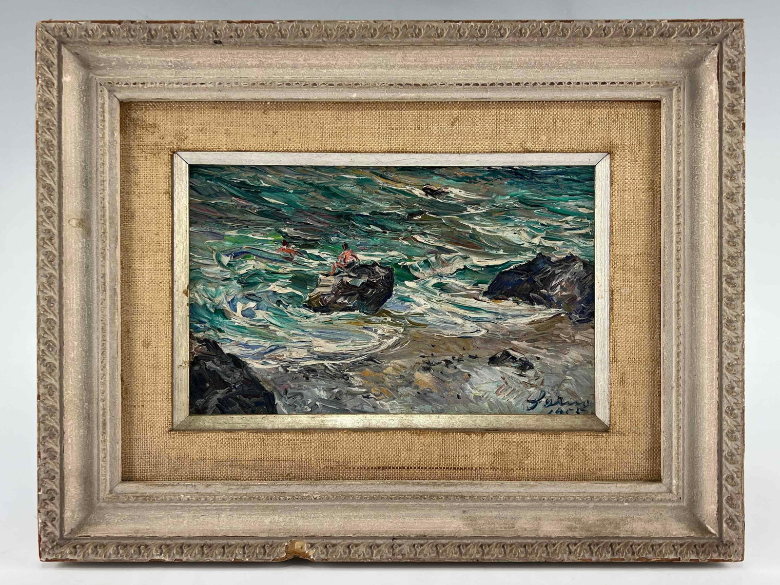 Matteo Sarno (Italy, 1894 - 1957) Seascape With Swimmers, Oil On Board: Matteo Sarno (Italy, 1894 - 1957) Seascape With Swimmers, Oil On Board. Signed "Sarno 1955." This painting was inherited by the grandson of a painter who purportedly worked contemporaneously with Sarn