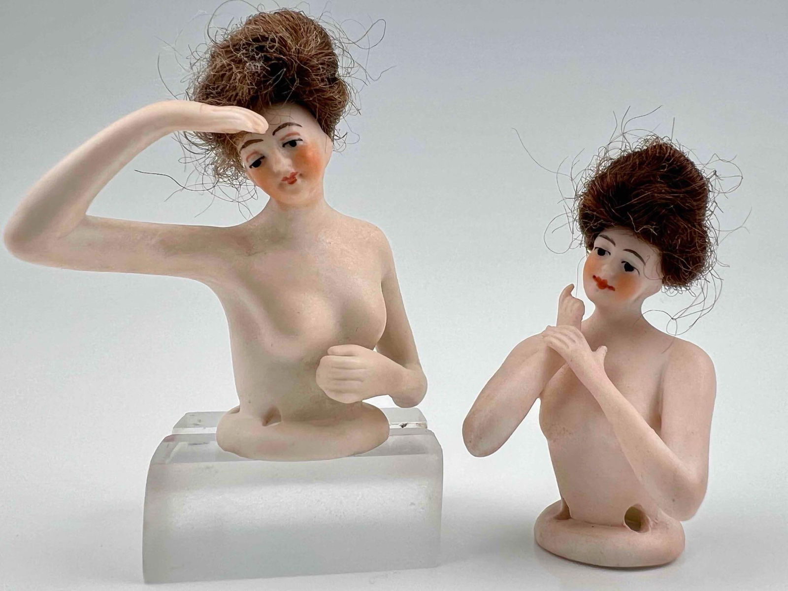 Two Antique German Bisque Half Dolls With Human Hair Wigs (1 of 14)