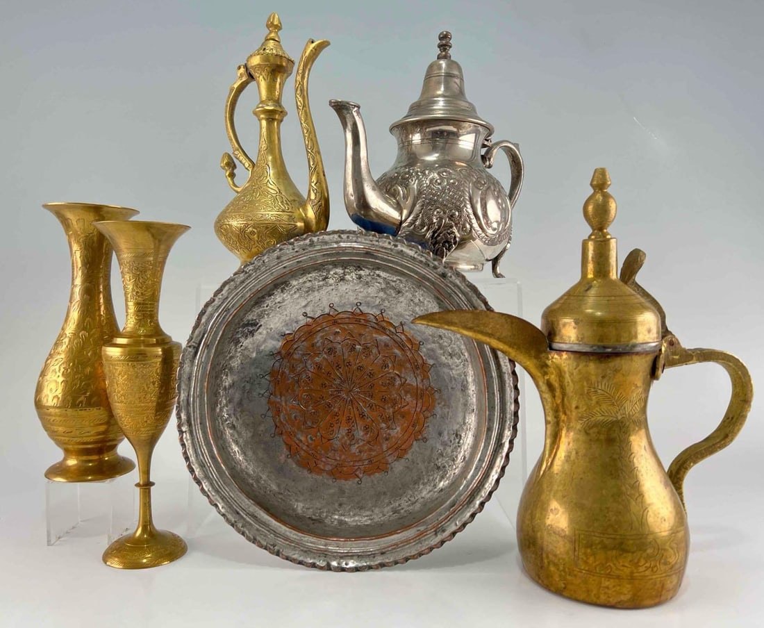 Persian And Indian Brass & Nickel Silver Tableware: Persian And Indian Brass & Nickel Silver Tableware. One marked "Item No. WPL 512 Japani Blish." One marked "India." One Marked "Hazem." Largest piece Approximately 9.5Lx 5.125W x 8.5H in. Smallest pie