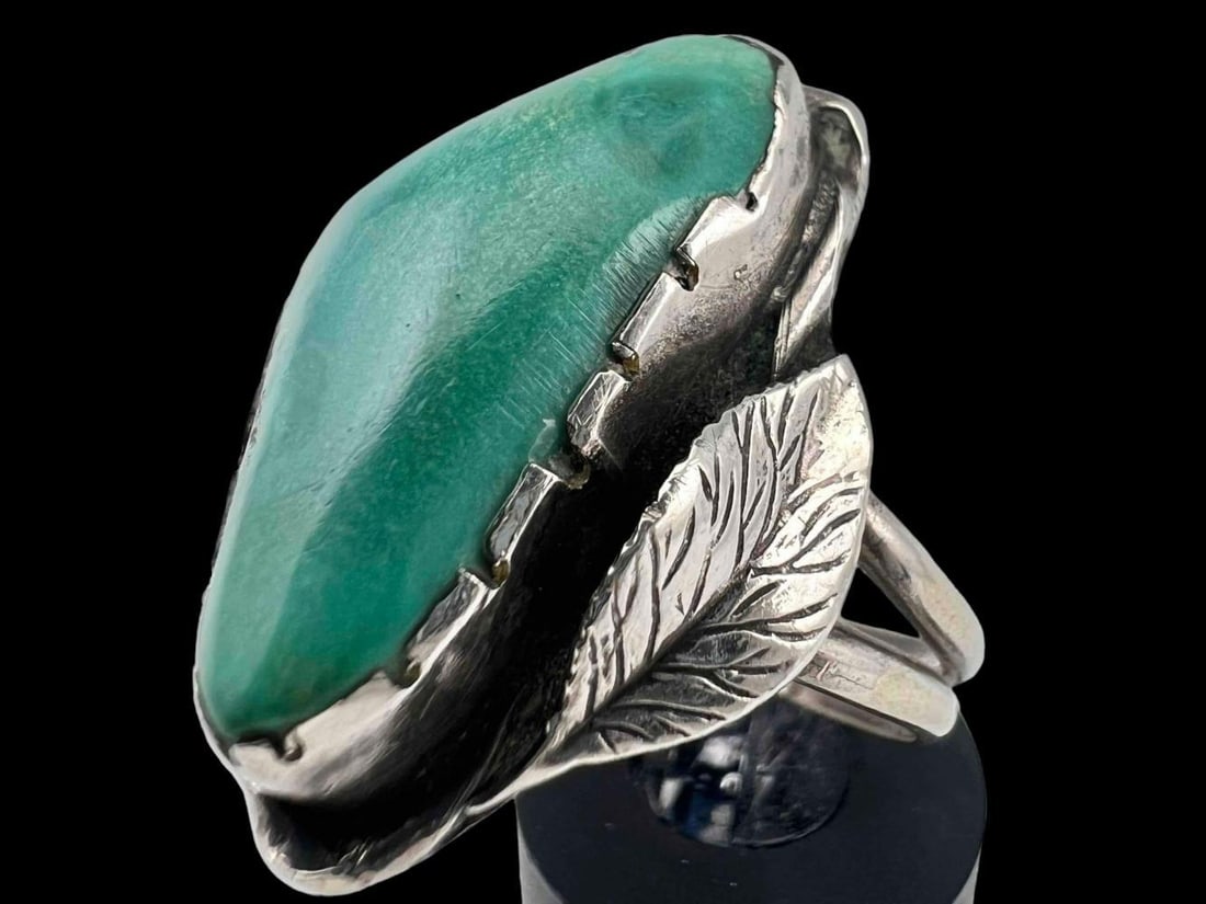 Native American Sterling Silver Turquoise Ring With Tobacco Leaf Design (1 of 8)