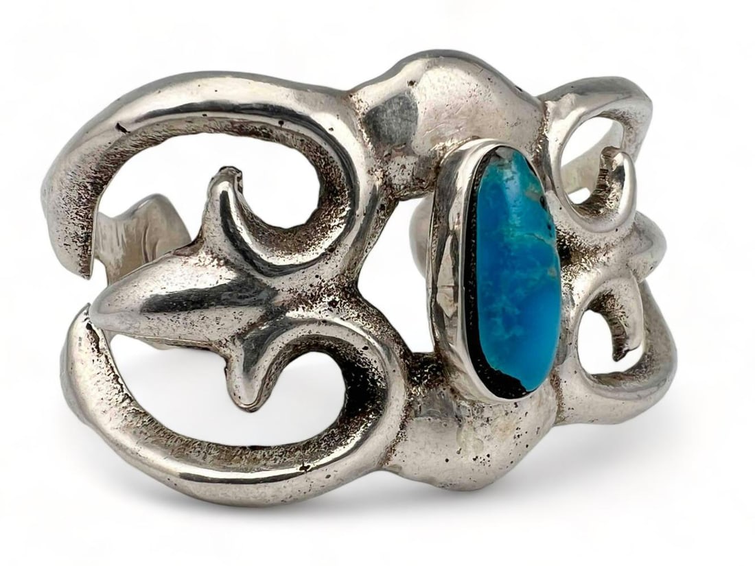 Native American Sand Cast Sterling Silver Turquoise Cuff (1 of 9)