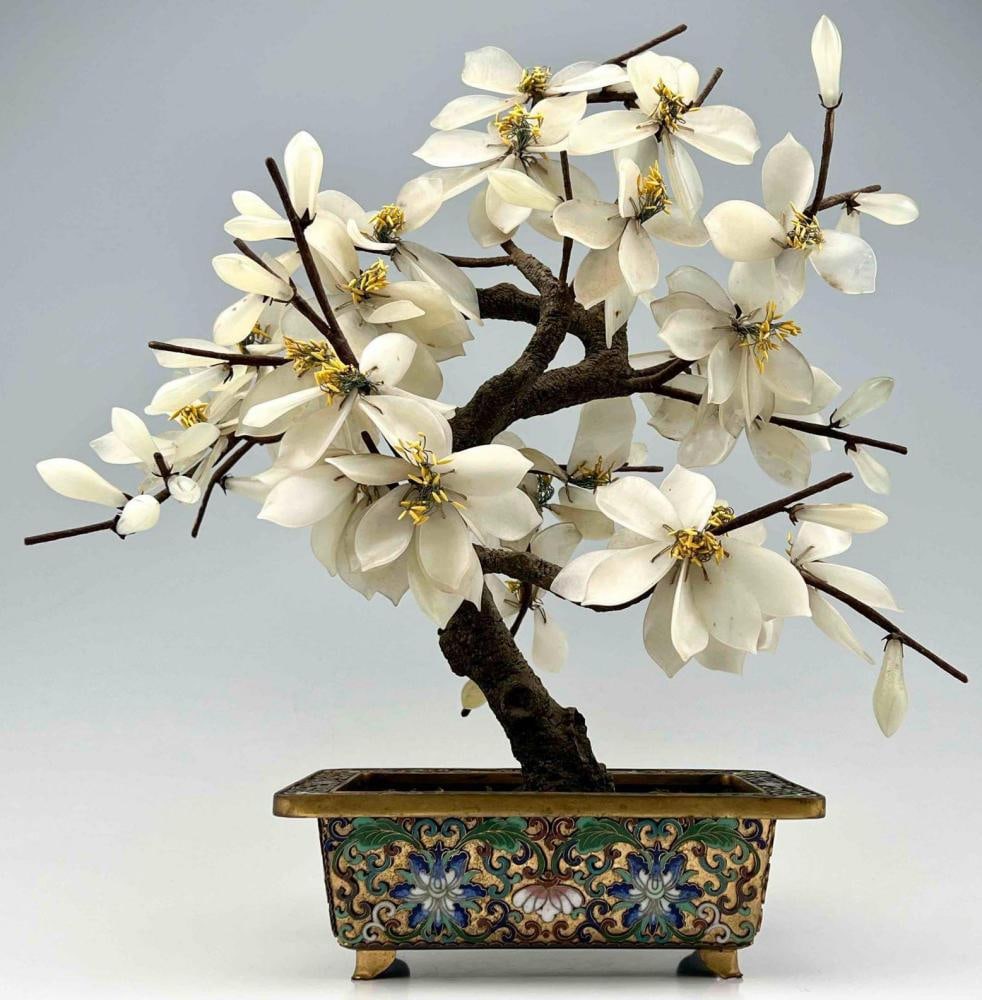 Chinese Hardstone Jade Tree In Brass Cloisonne Pot (1 of 18)