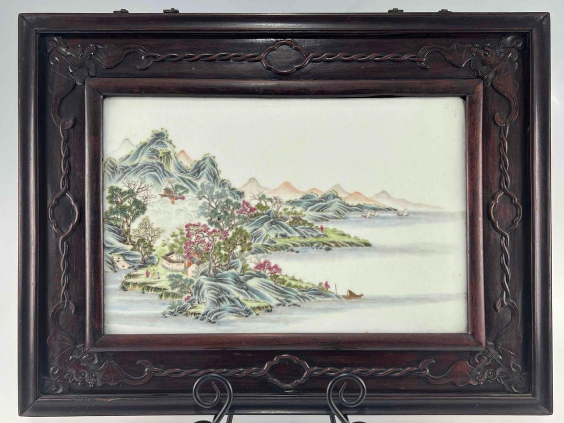 Fine Chinese Enamel Painted Porcelain Coast Landscape Plaque in Carved Rosewood Frame (1 of 13)