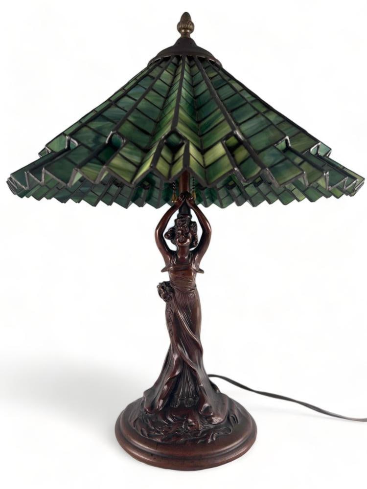 Fine Art Nouveau Tiffany Style Bronze and Stained Glass Lamp (1 of 17)
