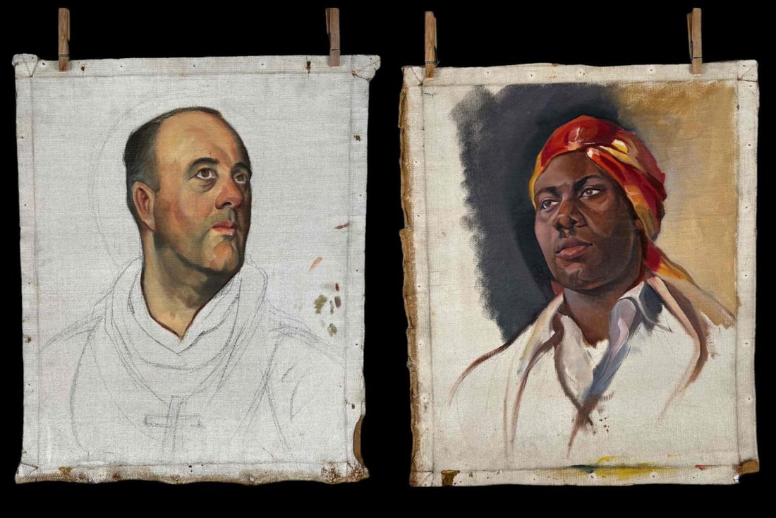 Matteo A. Ashar, Two Portrait Paintings, One Of Priest Or Saint, Oil On Canvas (1 of 20)