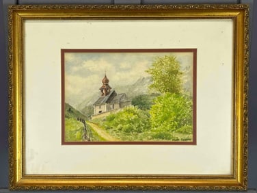 Landscape With Church, Original Watercolor