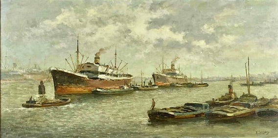 Continental School, Ships in Harbor, Oil on Canvas, Early 20th Century