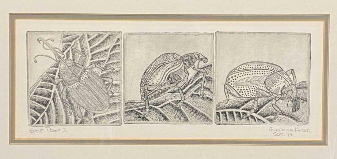 Jennifer Kaiser, Three Beetles, Mid Century State Proof: Jennifer Kaiser, Three Beetles, Entomological Sketches, Mid Century State Proof On Paper. Signed Jennifer Kaiser Sept. 74 State Proof 2. As framed 19.875W x 12.625H x 0.875D in. Sight 11.625W x 3.875H