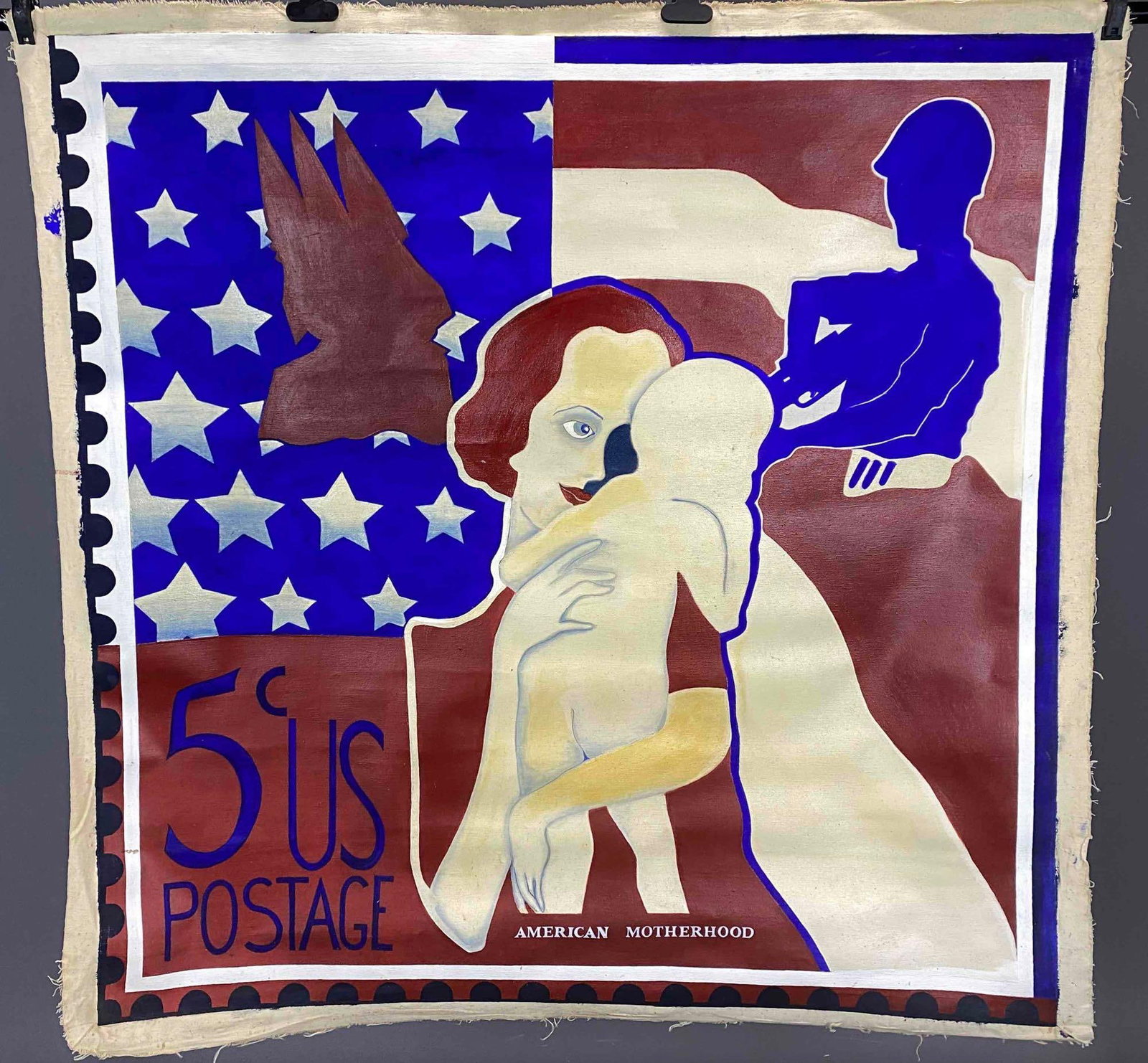 U.S. Postage Stamp Vietnam War Protest Painting, Oil On Canvas: U.S. Postage Stamp Vietnam War Protest Painting, Oil On Canvas. From a Berkeley, California Estate. Approximately 51.0H x 52.0W in. Sight Approximately 48.25H x 48.25W in.