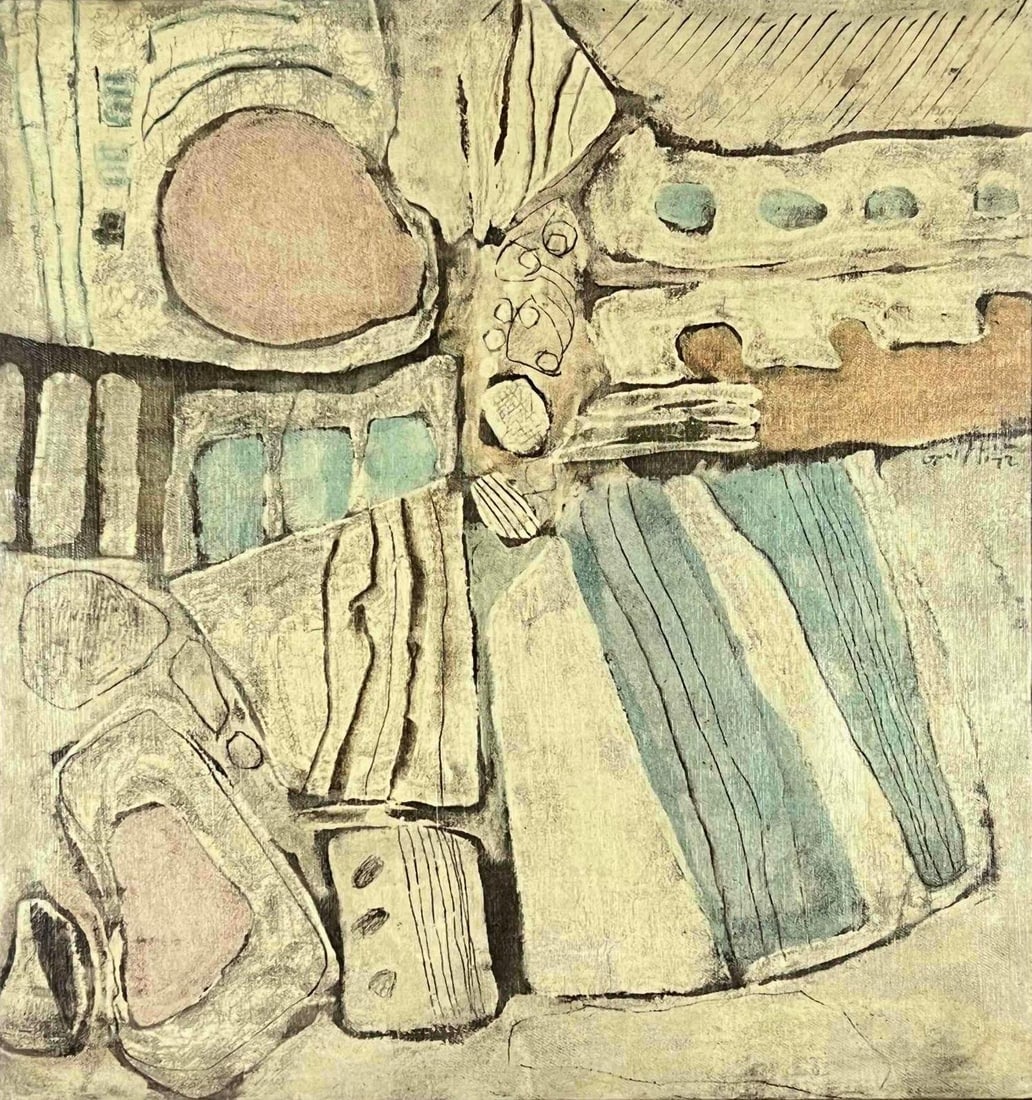 Mid Century Abstract, Oil on Canvas, Signed Griffin: Mid Century Abstract Oil on Canvas, American School, Signed Griffin '72. As framed 20.875H x 19.625W x 1.125D in. Sight 20.25H x 19.0W in. All measurements are approximate.