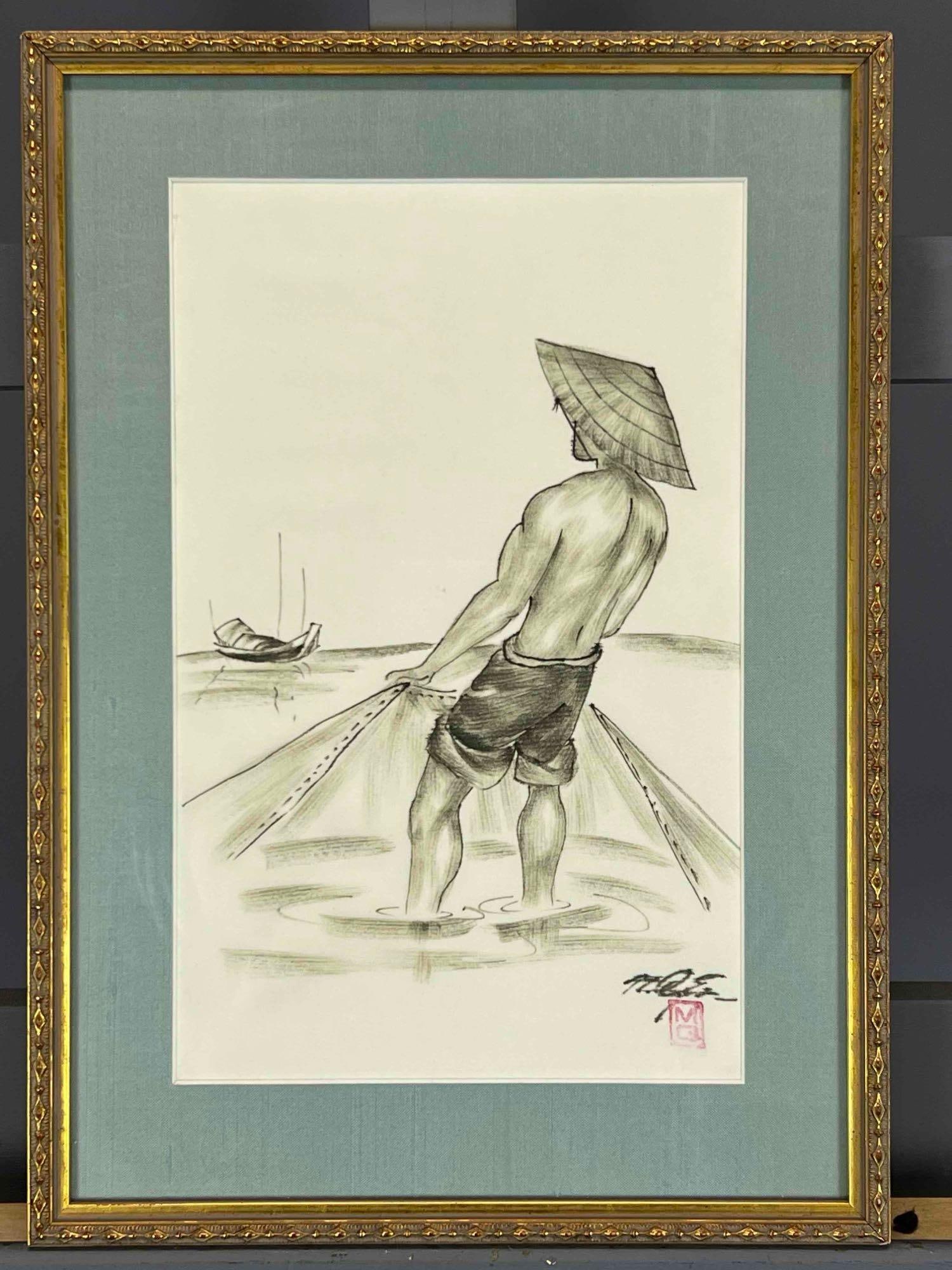 Southeast Asian Painting On Fabric, Signed MQ: Southeast Asian Painting On Fabric, Signed MQ. Framed 16.25H x 11.75W x 0.75D in. Sight 12.25H x 7.75W in. All Measurements are Approximate.