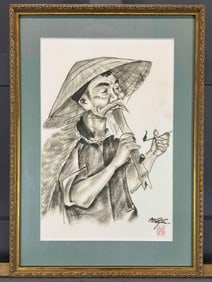Man Smoking, Painting On Fabric, Signed "MQ"