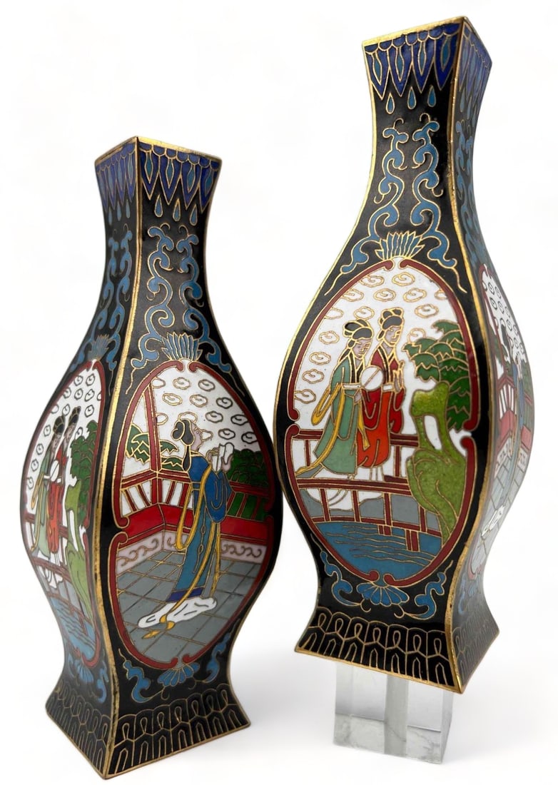 Pair of Chinese Cloisonne Vases: Pair Of Chinese Cloisonne Vases. Each Approximately 5.375H x 1.875W x 1.875D in.
