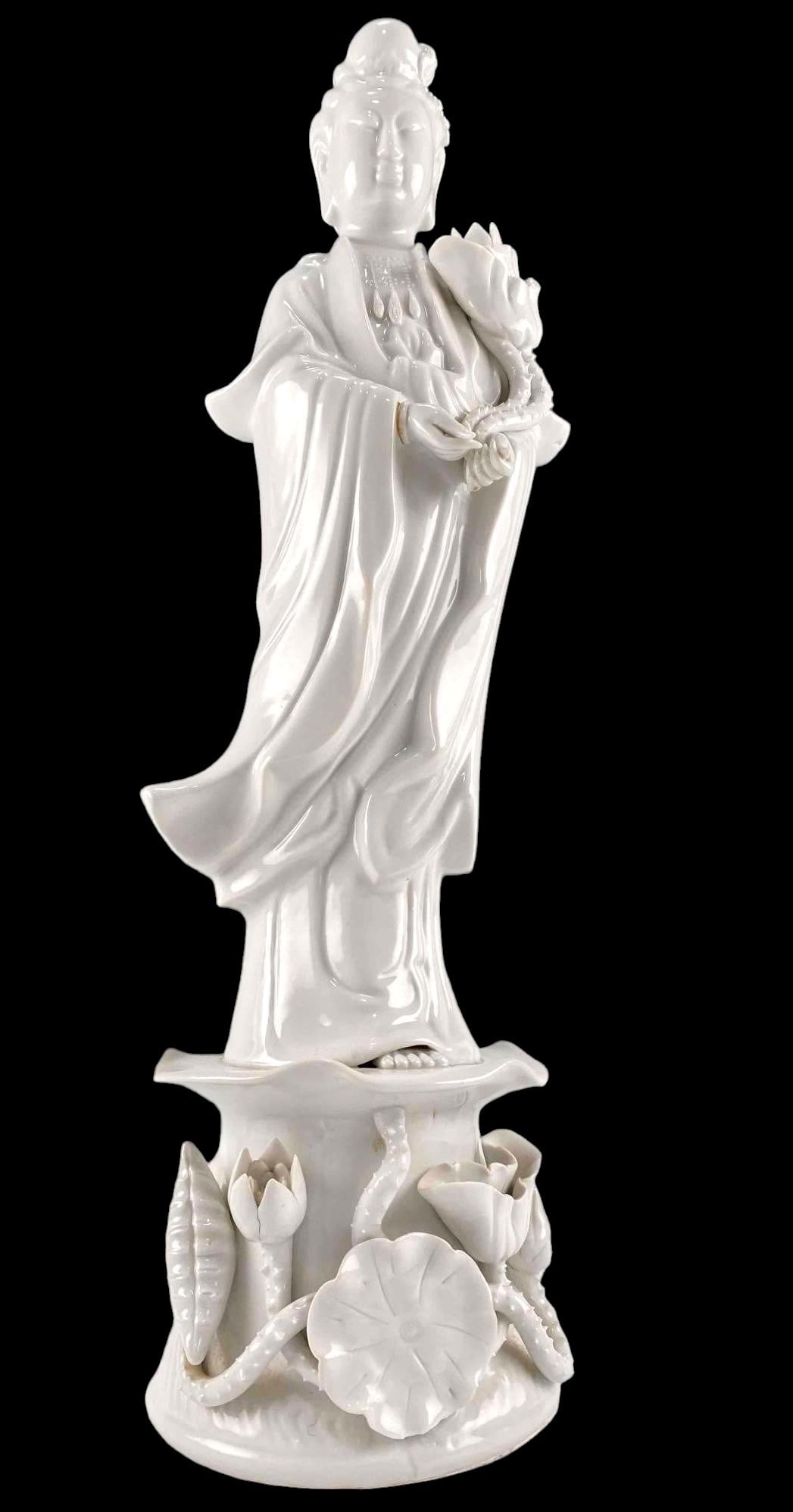 Large Chinese Blanc de Chine Guanyin: Porcelain Guanyin Figure. Approximately 20.5H x 5.5W x 5.25D in.