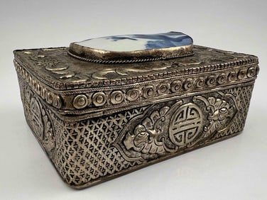 Chinese Silverplate  Hand Painted Porcelain Trinket Box
