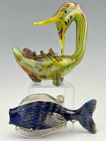 Hand Blown Art Glass Crane & Fish Figures