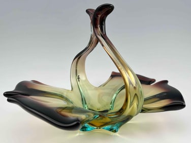 Hand Blown Art Glass Basket Form Dish