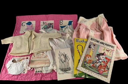 Vintage Baby Clothes, Quilt, and Books
