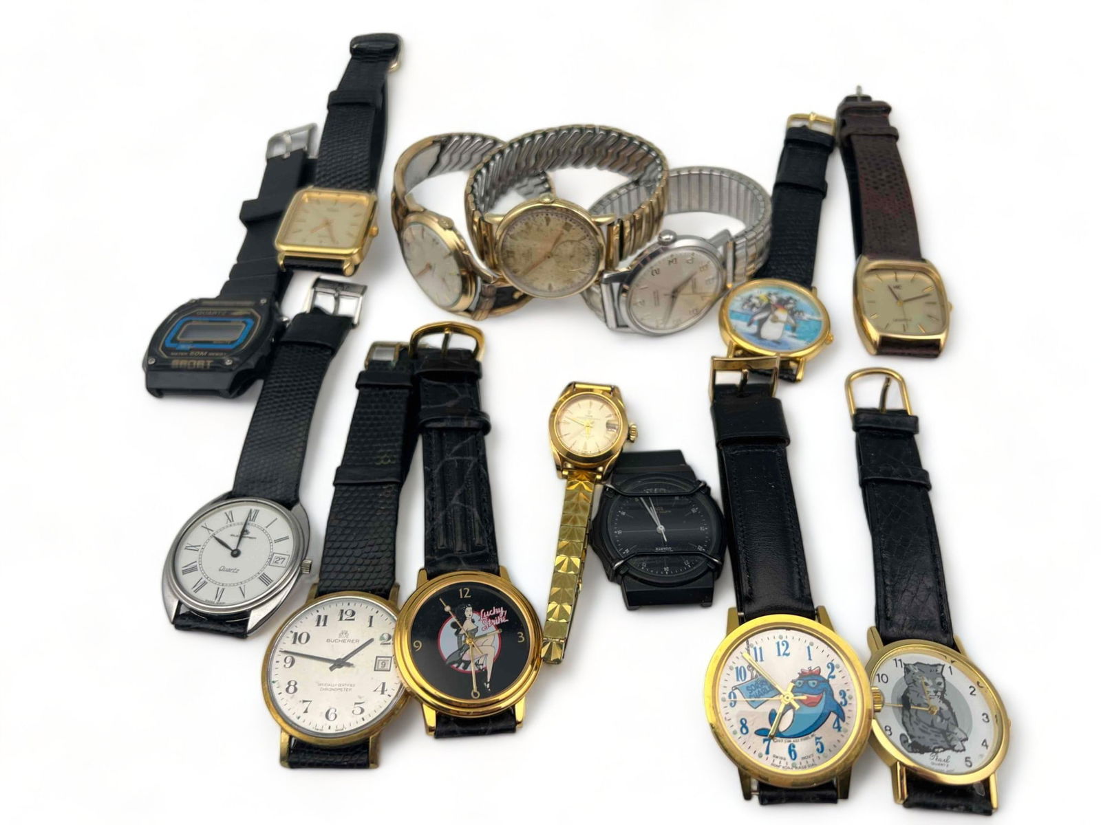 Group Of 15 Vintage Wristwatches, Including Bucherer: Group Of 15 Vintage Wristwatches, Including Bucherer. Smallest Piece (Casio Face) 1.8125L x 1.4375W x 0.375H in. All Measurements are Approximate.