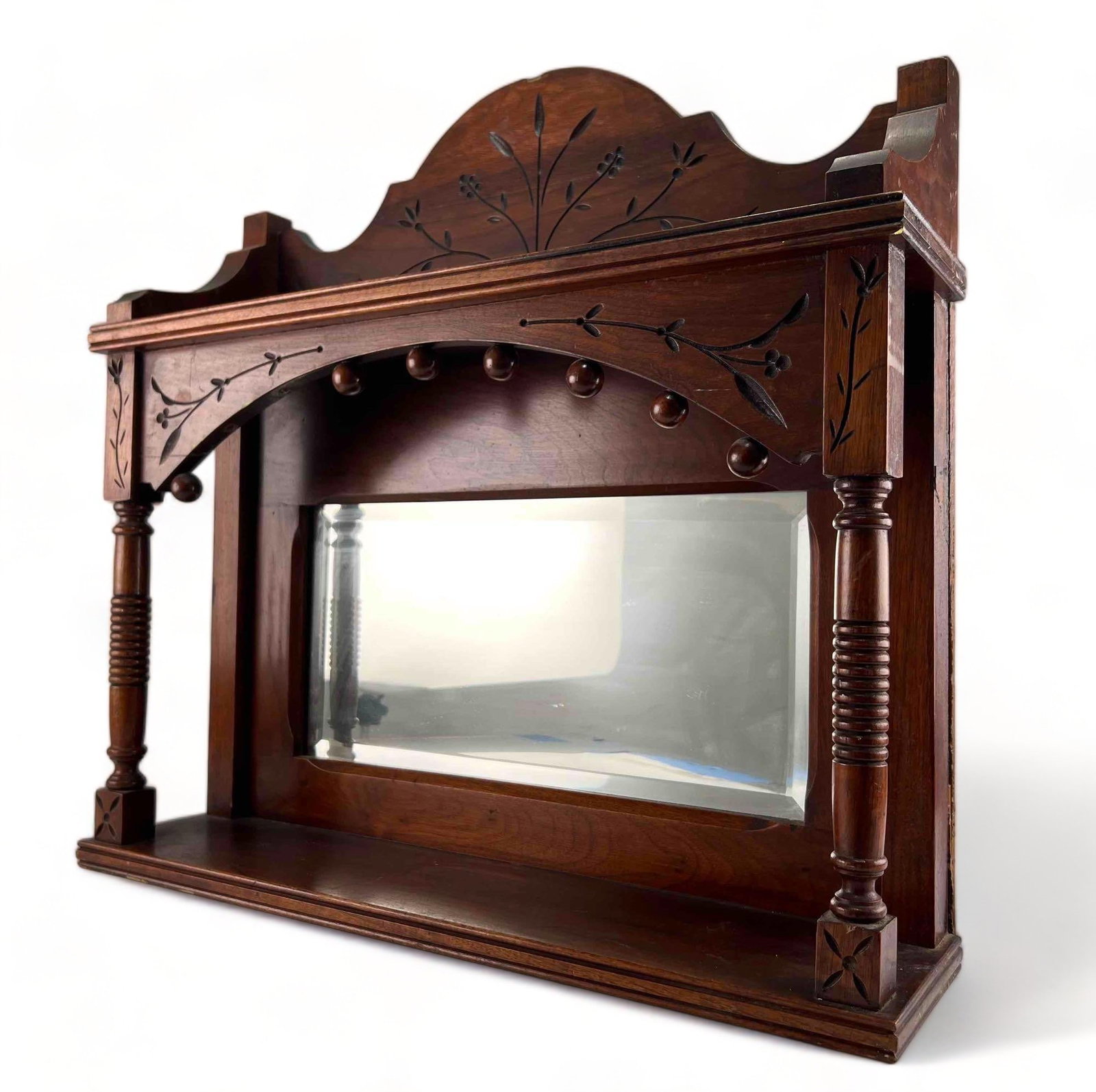 Antique Mahogany Mirrored Shelf: Antique Mahogany Mirrored Shelf. Approximately 22.375W x 22.0H x 6.5D in.