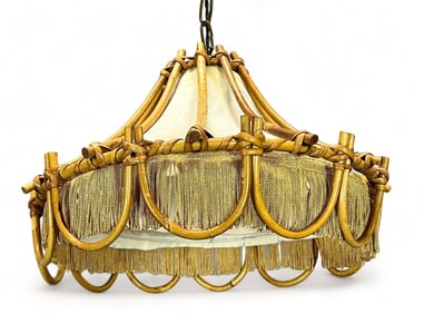 Mid Century French Rattan Chandelier Hanging Lamp