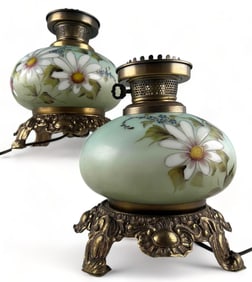 Pair of Hand Painted Hurricane Lamps