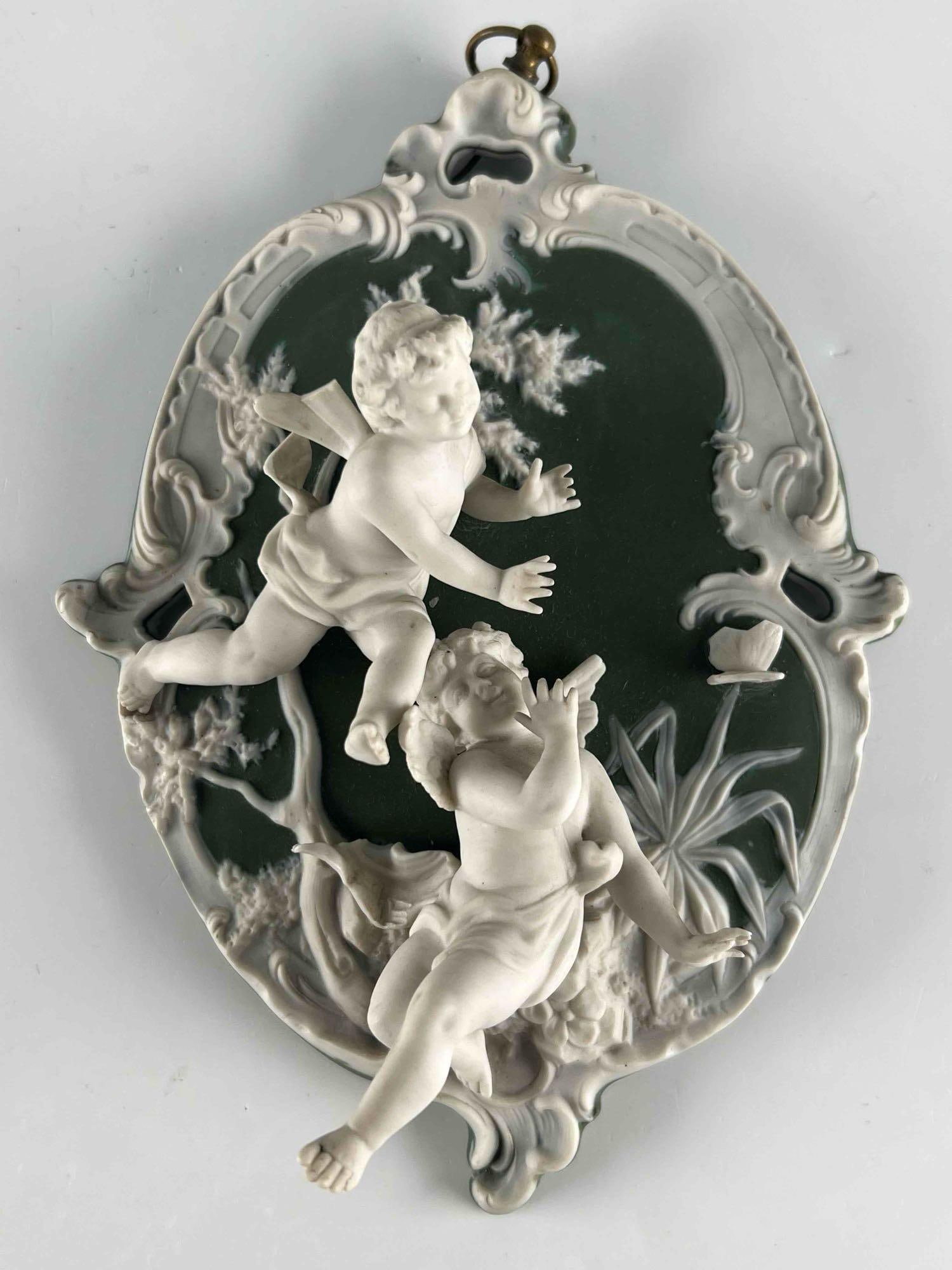 Antique Jasperware Fairy Plaque: Antique Jasperware Fairy Plaque. Approximately 8.0H x 5.75W x 2.5D