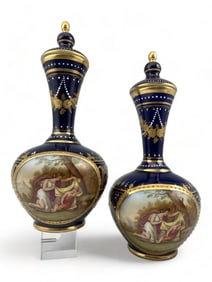 Pair Of Hand Painted Royal Vienna Porcelain Bottles, Riemer