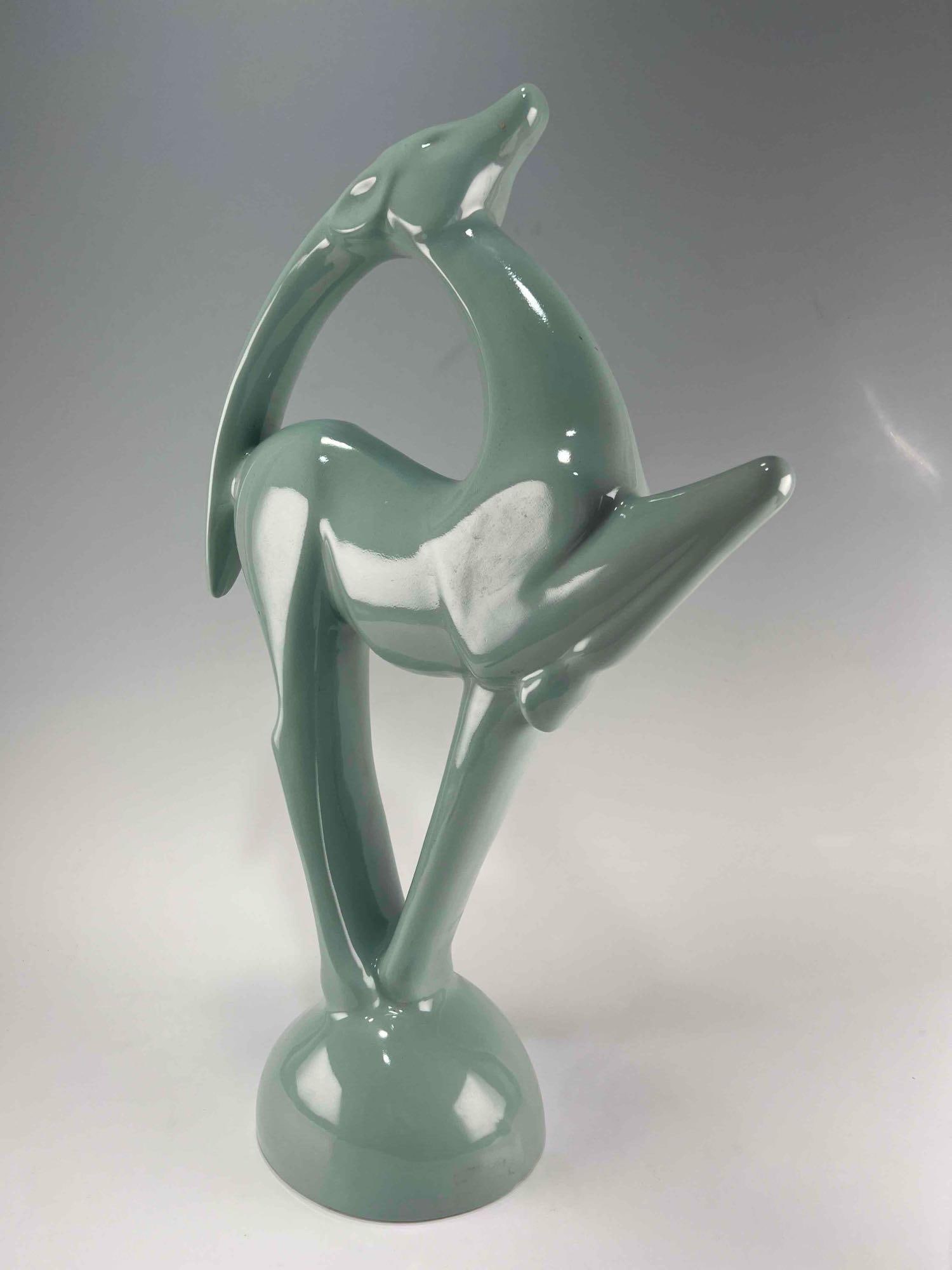 Blue Ceramic Deer Sculpture: Blue Ceramic Deer Sculpture. Approximately 21.5H x 13.625W x 5.875D in.