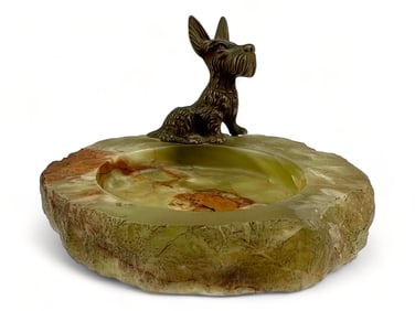 Stone Dish Or Ashtray With Bronze Scottie Dog Detail