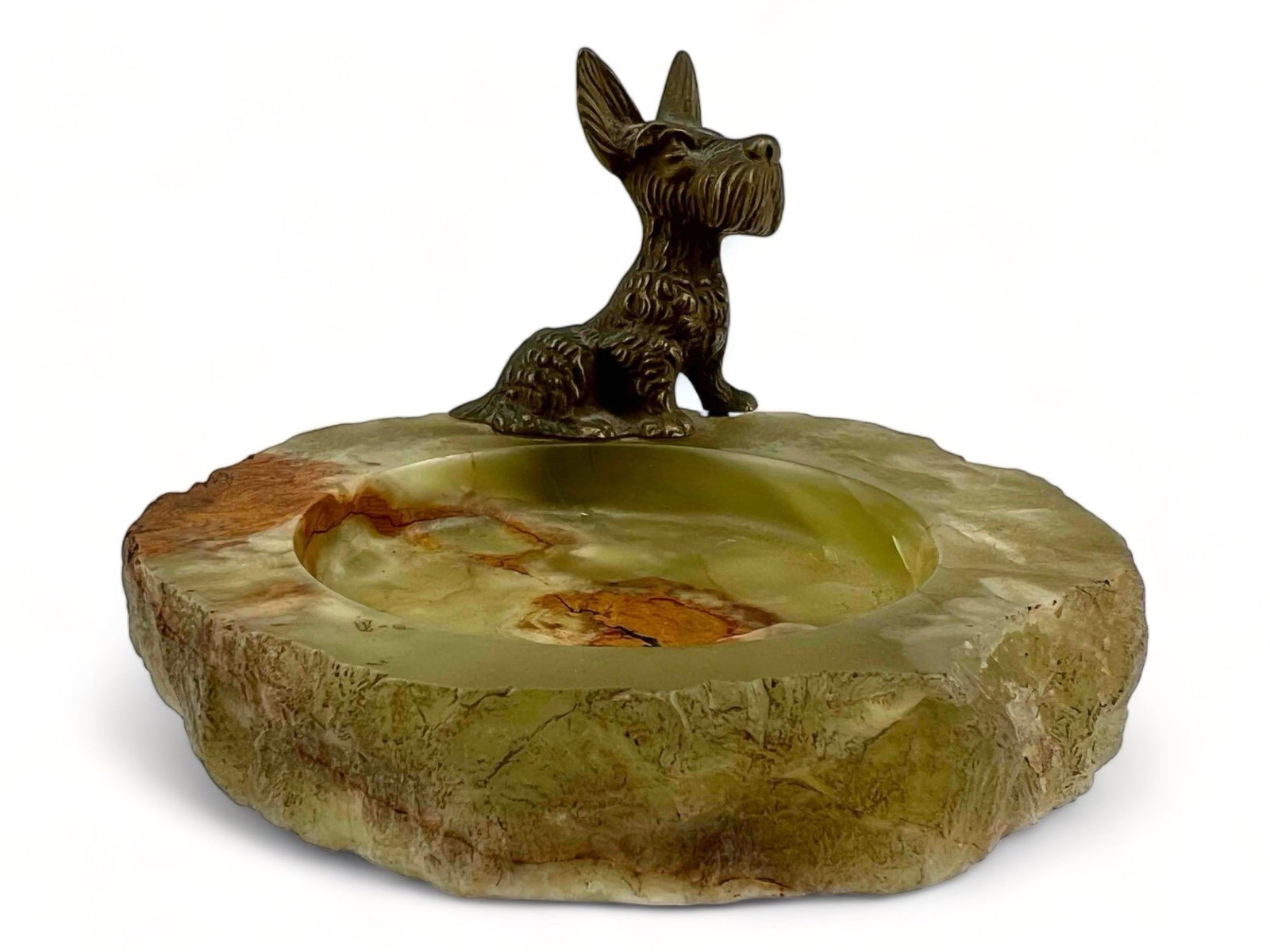 Stone Dish Or Ashtray With Bronze Scottie Dog Detail: Stone Dish Or Ashtray With Bronze Scottie Dog Detail. Approximately 2.5H x 4.25D.