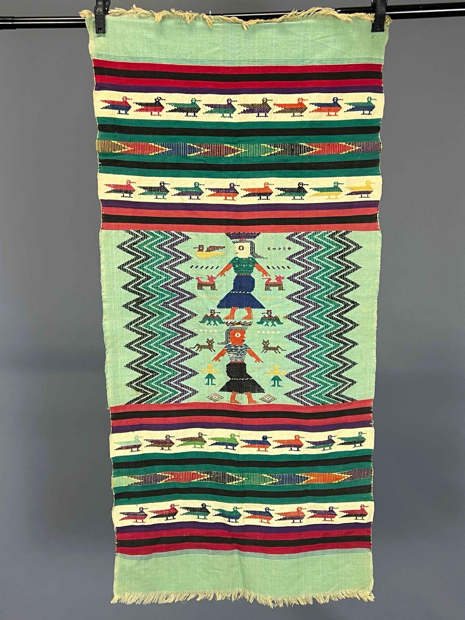 Older South American Embroidered Textile: Older South American Embroidered Textile. Approximately 48.0L x 23.0W in.