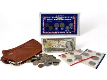 Group Of Collector's Coins & Foreign Currency With Leather Coin Purse
