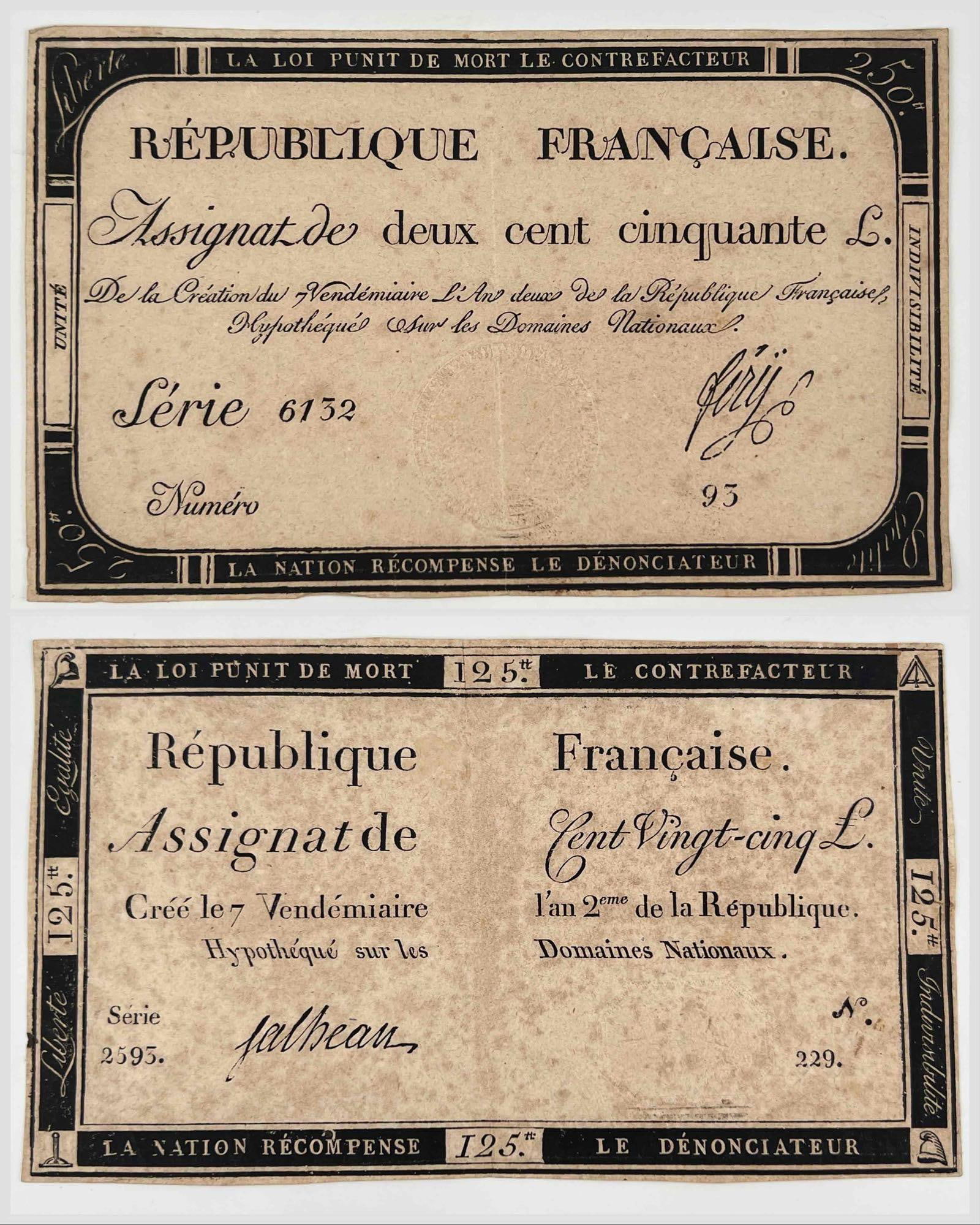 1793 French 250    ; 125 Livre Bank Notes (1 of 20)