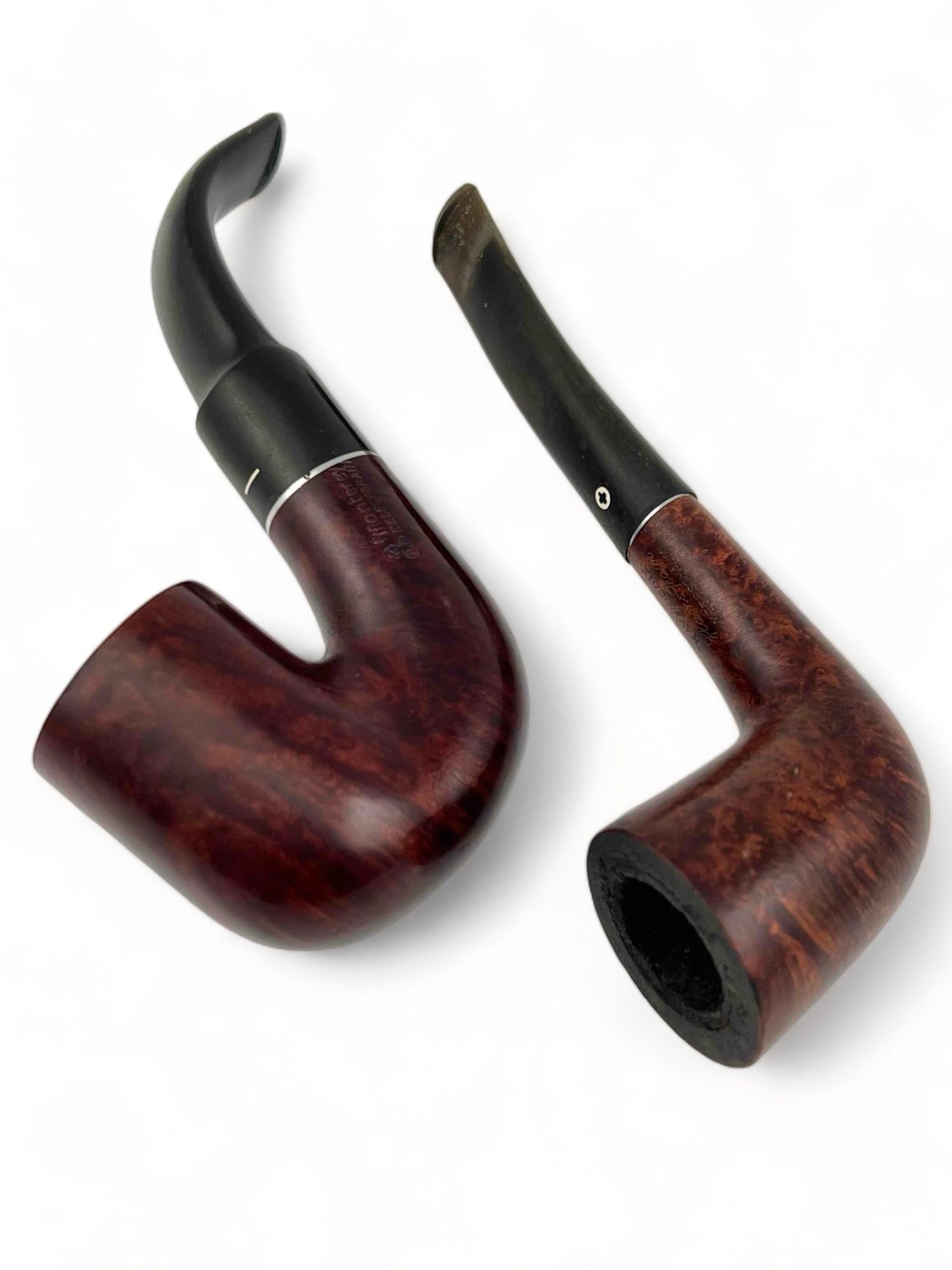Two Vintage Pipes: Vintage Pipes. One marked "Kay Woodie. Flame Train. Meerschaum. Imported Briar. 01." 5.5L x 1.25W x 1.75H in. Other marked " K.B.B Monterey. Select Grain. Mission Briar. 63." 5.5L x 1.5W x 4.5H in. Al