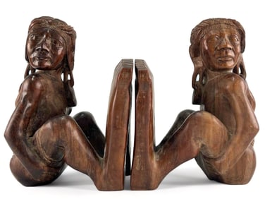 Hand Carved Figural Native American Wooden Bookends