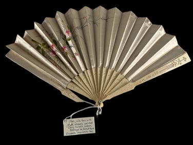 Antique Hand Painted Silk Fan With Cherry Blossom Motif & Scarf