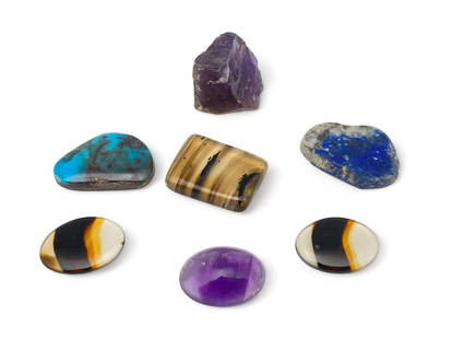 Lot of 7 Mineral Specimens, Including Lapis Lazuli and Amethyst: 7 Small Stones. 17.6g. Smallest 0.75 x 0.5 x 0.125 in. Largest 0.75 x 0.875 x 0.5 in.